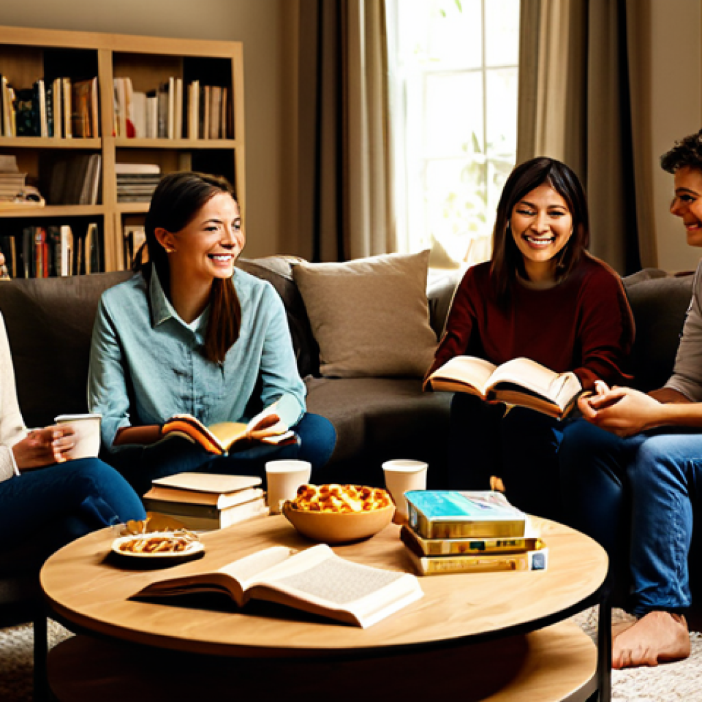 Cozy Book Club Meeting**
"A group of friends gathered for a book club meeting in a warmly lit living room, fully clothed in comfortable, modest attire. Soft lighting from lamps and string lights illuminates the scene. A coffee table in the center is laden with snacks and drinks. Books are scattered around. Safe for work, appropriate content, perfect anatomy, natural proportions, professional photography, high quality, family-friendly."
**