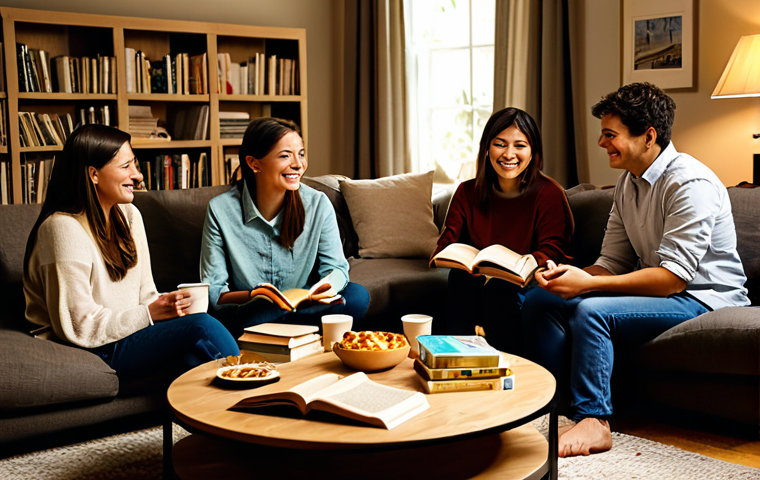 Cozy Book Club Meeting**
"A group of friends gathered for a book club meeting in a warmly lit living room, fully clothed in comfortable, modest attire. Soft lighting from lamps and string lights illuminates the scene. A coffee table in the center is laden with snacks and drinks. Books are scattered around. Safe for work, appropriate content, perfect anatomy, natural proportions, professional photography, high quality, family-friendly."
**