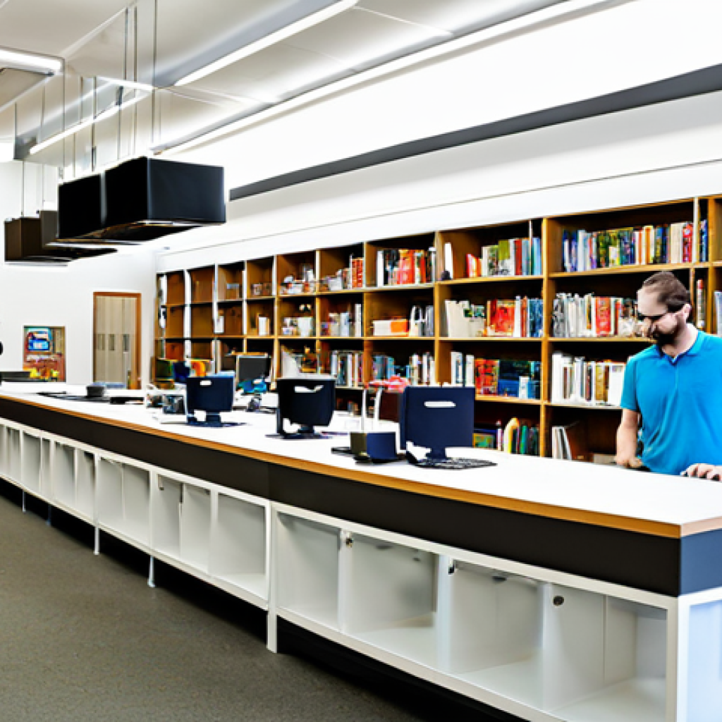 Modern Library Makerspace**
A brightly lit, modern library makerspace. Several fully clothed people are working on projects: one using a 3D printer, another editing video on a computer. Shelves of books are visible in the background. The scene is bustling with activity and creativity. Appropriate attire, safe for work, perfect anatomy, natural proportions, professional photography, high quality, family-friendly environment.
**