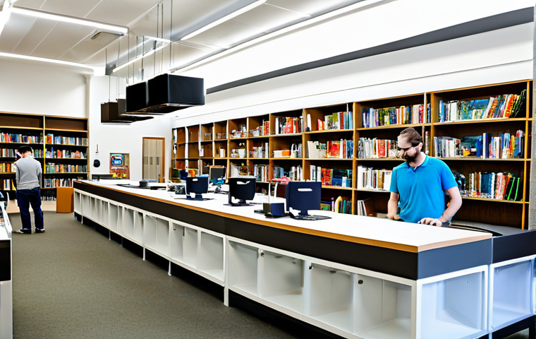 Modern Library Makerspace**
A brightly lit, modern library makerspace. Several fully clothed people are working on projects: one using a 3D printer, another editing video on a computer. Shelves of books are visible in the background. The scene is bustling with activity and creativity. Appropriate attire, safe for work, perfect anatomy, natural proportions, professional photography, high quality, family-friendly environment.
**