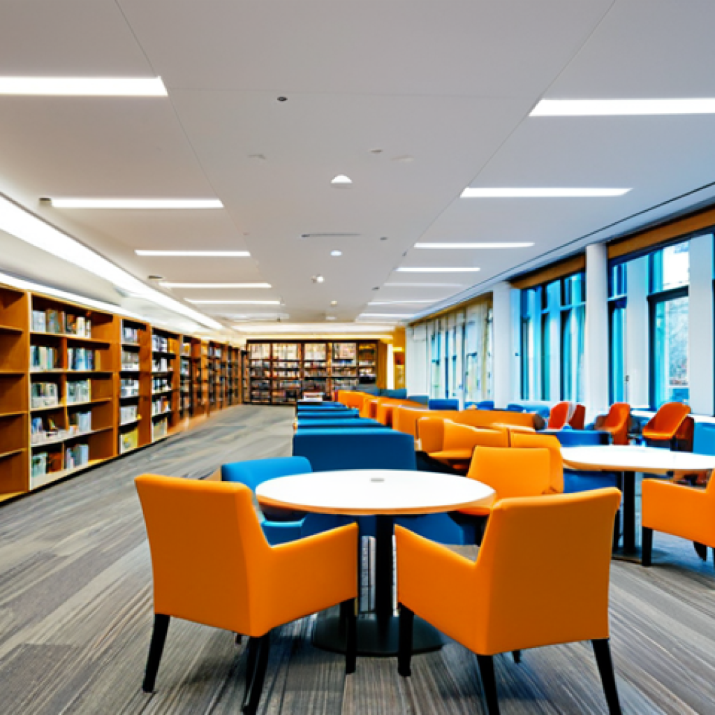 Modern Library Interior**
"A bright and inviting modern library interior, featuring modular furniture, comfortable seating areas, and collaborative workspaces. Patrons are fully clothed and appropriately dressed, engaged in reading, working on laptops, and participating in small group discussions. The space incorporates natural light, calming colors, and updated lighting fixtures. Safe for work, appropriate content, professional, family-friendly, perfect anatomy, correct proportions, natural pose, well-formed hands, proper finger count, natural body proportions."
**