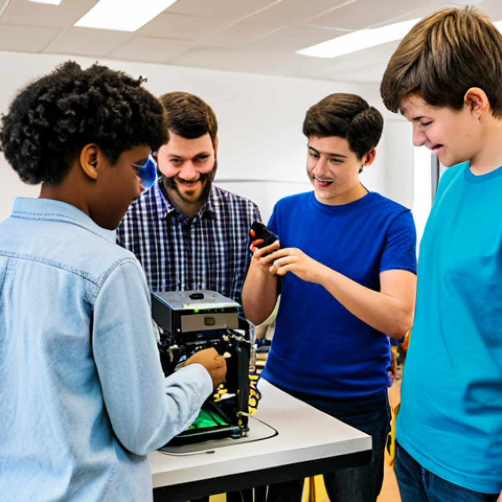 **
"A diverse group of adults and teenagers, fully clothed in casual and appropriate attire, collaborating on a robotics project in a bright, well-equipped makerspace. 3D printers and computers are visible in the background. Safe for work, appropriate content, professional environment, modest clothing, perfect anatomy, correct proportions, natural pose, well-formed hands, proper finger count, family-friendly."
**