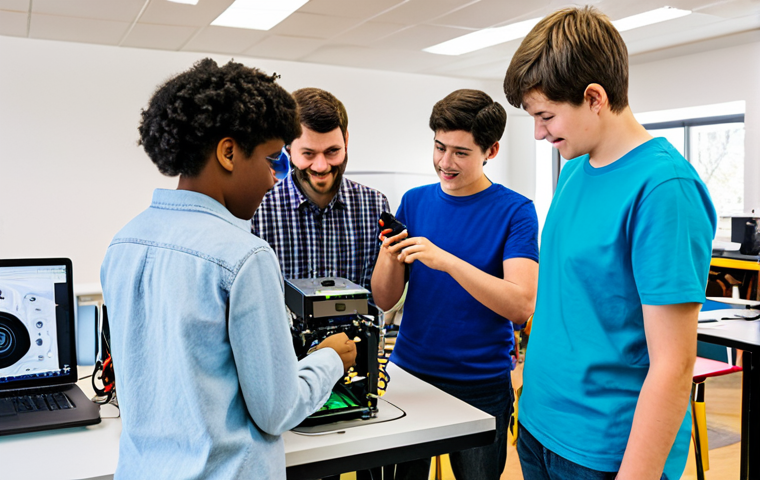 **
"A diverse group of adults and teenagers, fully clothed in casual and appropriate attire, collaborating on a robotics project in a bright, well-equipped makerspace. 3D printers and computers are visible in the background. Safe for work, appropriate content, professional environment, modest clothing, perfect anatomy, correct proportions, natural pose, well-formed hands, proper finger count, family-friendly."
**