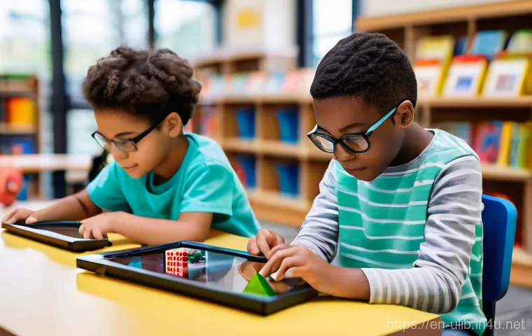 어린이 특화 도서관 - **Prompt 1: STEM Adventure in a Modern Children's Library**
"A vibrant, wide-angle shot of a div...
