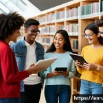 Home 19 AI 사서 서비스 적용 - **Prompt 1: Serendipitous Discovery with Smart Search**
"A diverse group of university students,...