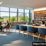 인문학 도서관 기획 - A modern humanities library interior featuring thematic zones with cozy armchairs, group tables, and...
