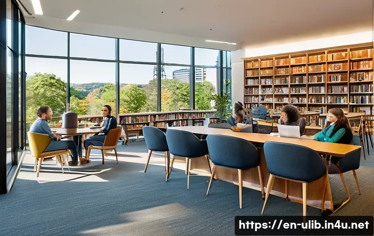 인문학 도서관 기획 - A modern humanities library interior featuring thematic zones with cozy armchairs, group tables, and...