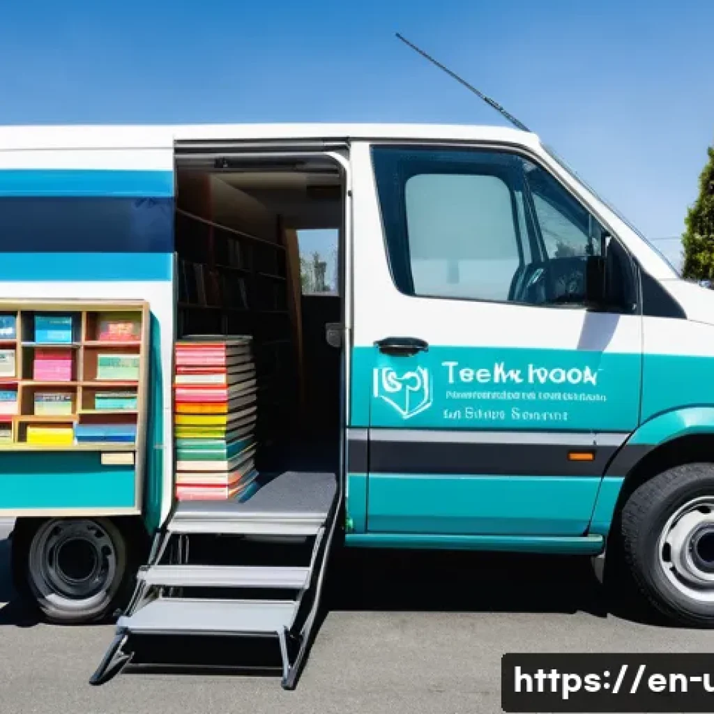 이동식 도서관 운영법 - A cozy, mid-sized mobile library van parked in a sunny urban neighborhood with a wheelchair-accessib...