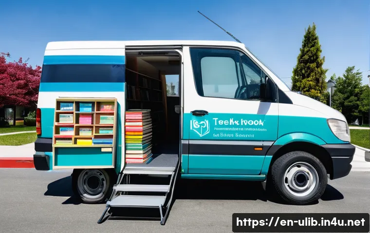 이동식 도서관 운영법 - A cozy, mid-sized mobile library van parked in a sunny urban neighborhood with a wheelchair-accessib...