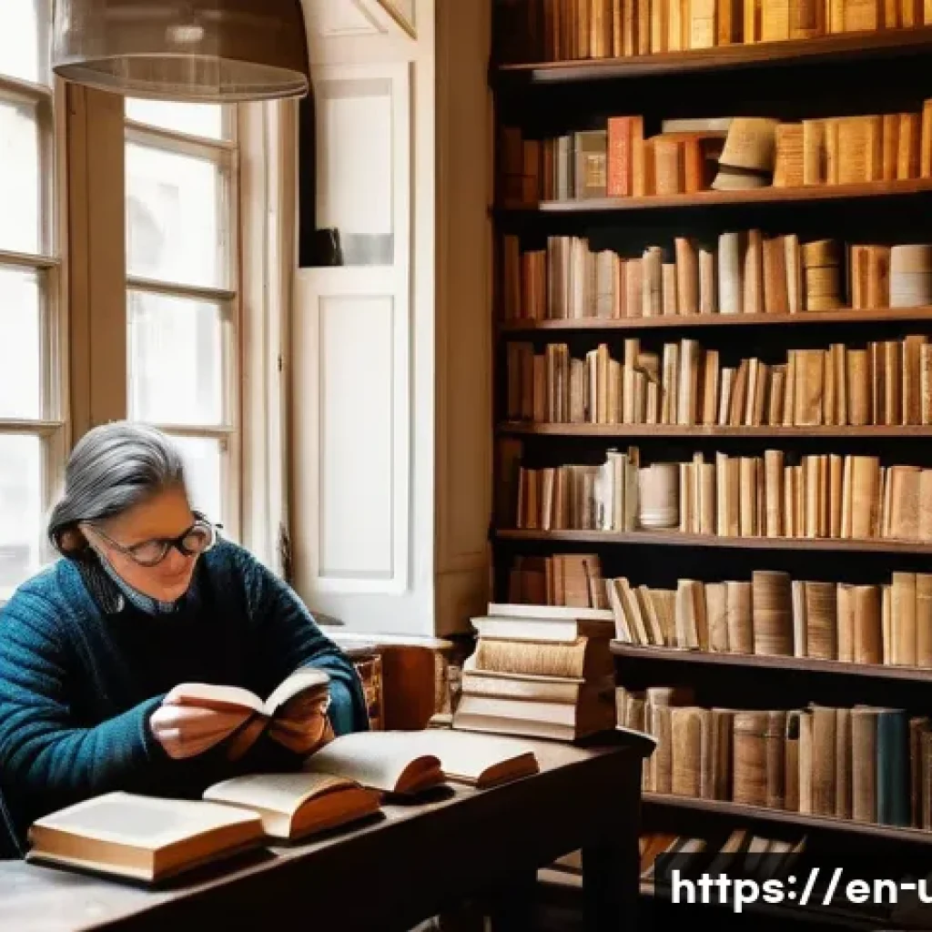 헌책방과 도서관 결합 모델 - A cozy, warmly lit vintage bookstore interior featuring wooden shelves densely packed with well-worn...
