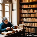 헌책방과 도서관 결합 모델 - A cozy, warmly lit vintage bookstore interior featuring wooden shelves densely packed with well-worn...