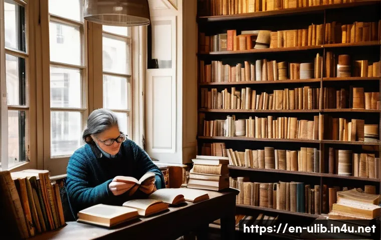 헌책방과 도서관 결합 모델 - A cozy, warmly lit vintage bookstore interior featuring wooden shelves densely packed with well-worn...
