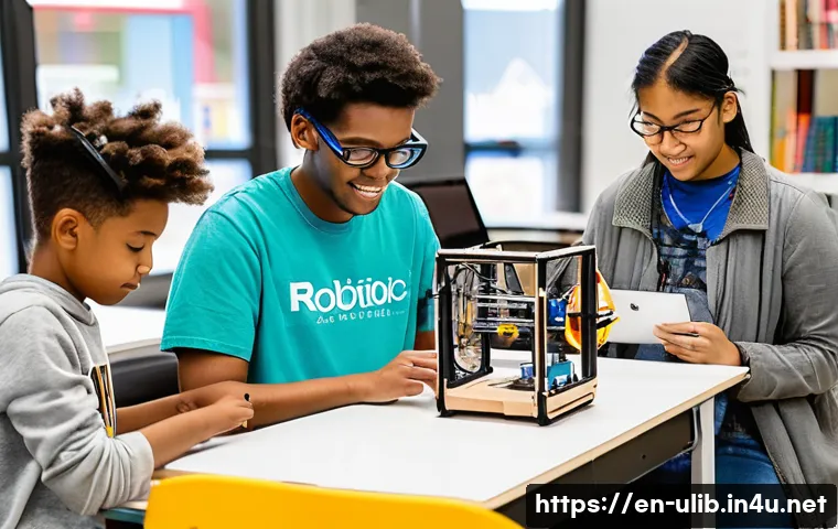 미국 유명 공공도서관 사례 - A vibrant public library maker space filled with diverse community members actively engaged in creat...